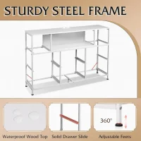 Simple Deluxe TV Stand Dresser with 8 Fabric Drawers and Open Shelves, Entertainment Center with LED Lights & Charging Station, Wood Top for 45" -55" TV, for Bedroom/Living Room/Hallway, White