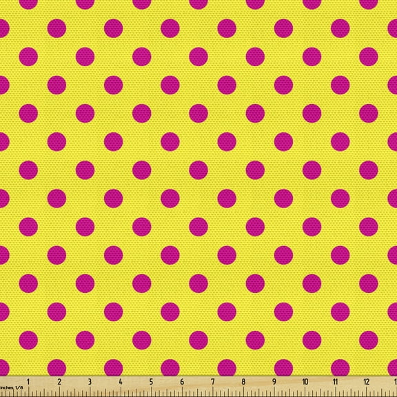 Pink Polka Dots Fabric by the Yard, Spots Repeating Pattern and Plain Background Concept Pattern, Decorative Upholstery Fabric for Chairs & Home Accents, 2 Yards, Magenta and Yellow by Ambesonne