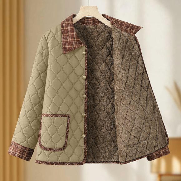 Fankiway Women's Winter Fleece Lined Patchwork Warm Coat Casual Long Sleeve Jacket Khaki XL