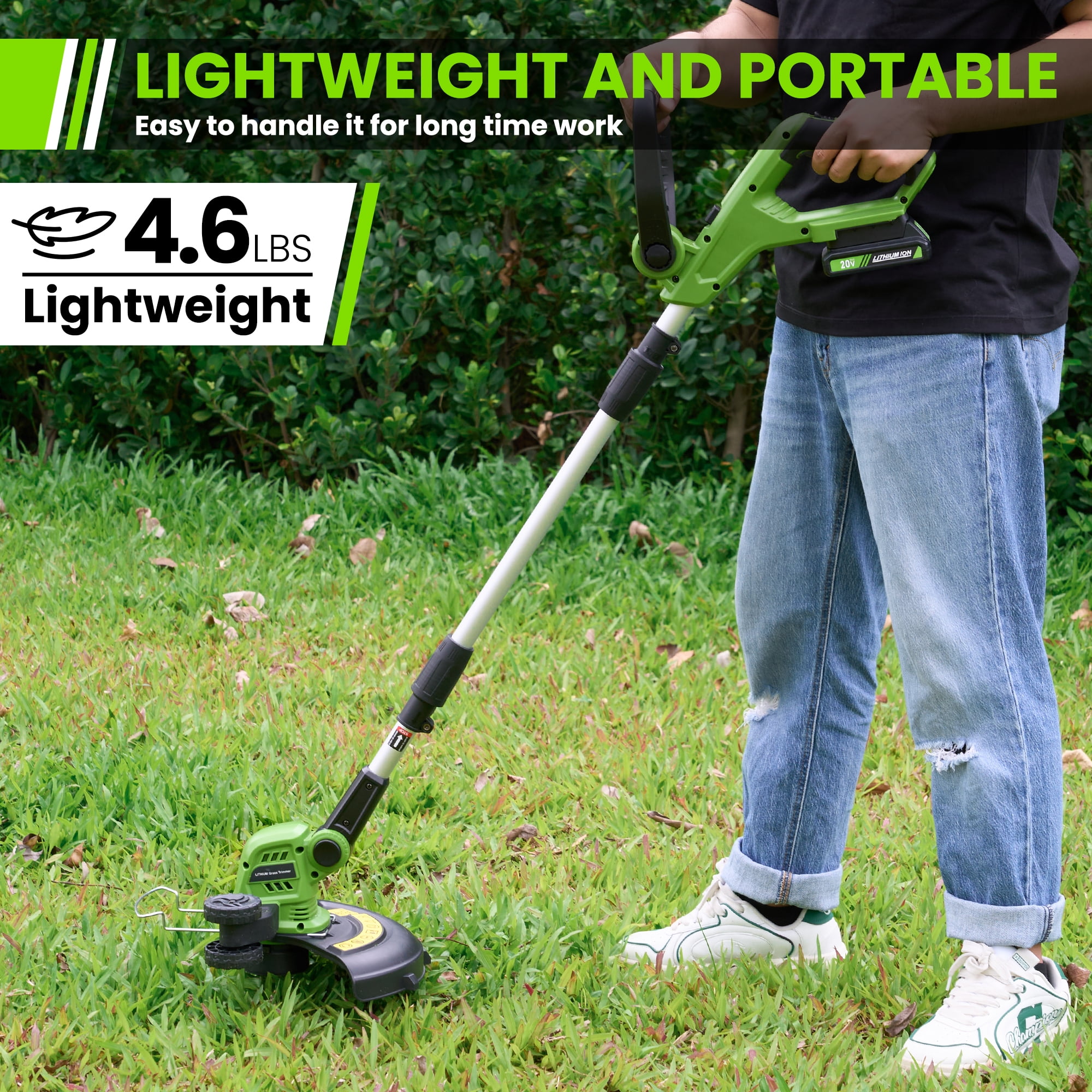 TACKLIFE 20V 12" Cordless String Trimmer & Edger, Handle Adjustable Weed Eater  Grass Trimmer with 3 lines, 2.0Ah Battery & Charger, Auto Line Feed,Green