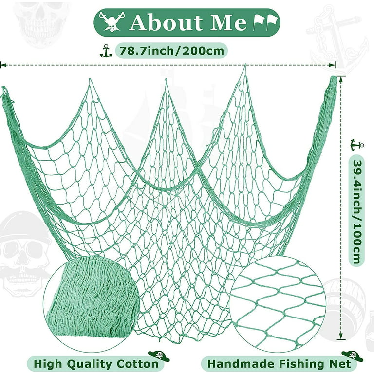 2PCS Natural Fish Net Decorative Cotton Fishnet Decor for Party, Hawaii  Luau Party, Ocean Themed Wall Hanging Fishnet Beach Decoration-Green 