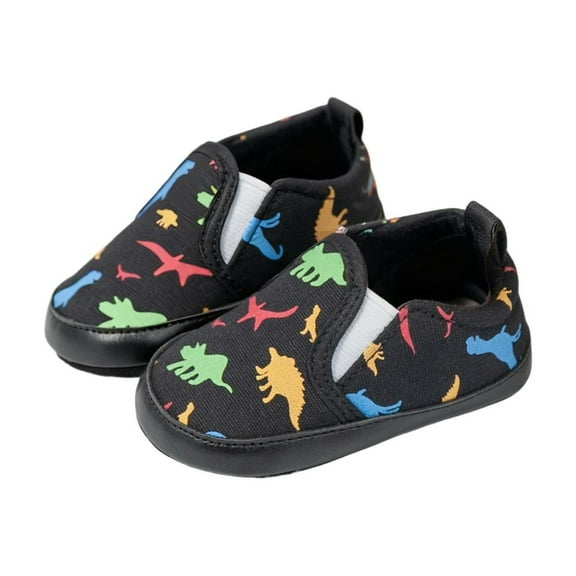 Black Kids Dinosaur Patterned Walking Shoes With Soft Sole For Outdoor Play And Casual Running, Breathable Design In Canvas Material