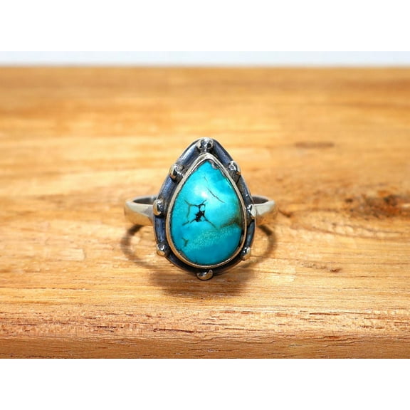 Heaven Crafts Green Turquoise Ring 925 Sterling Silver December Birthstone Pear Shape Minimalist Jewelry Ring For Her Handcrafted