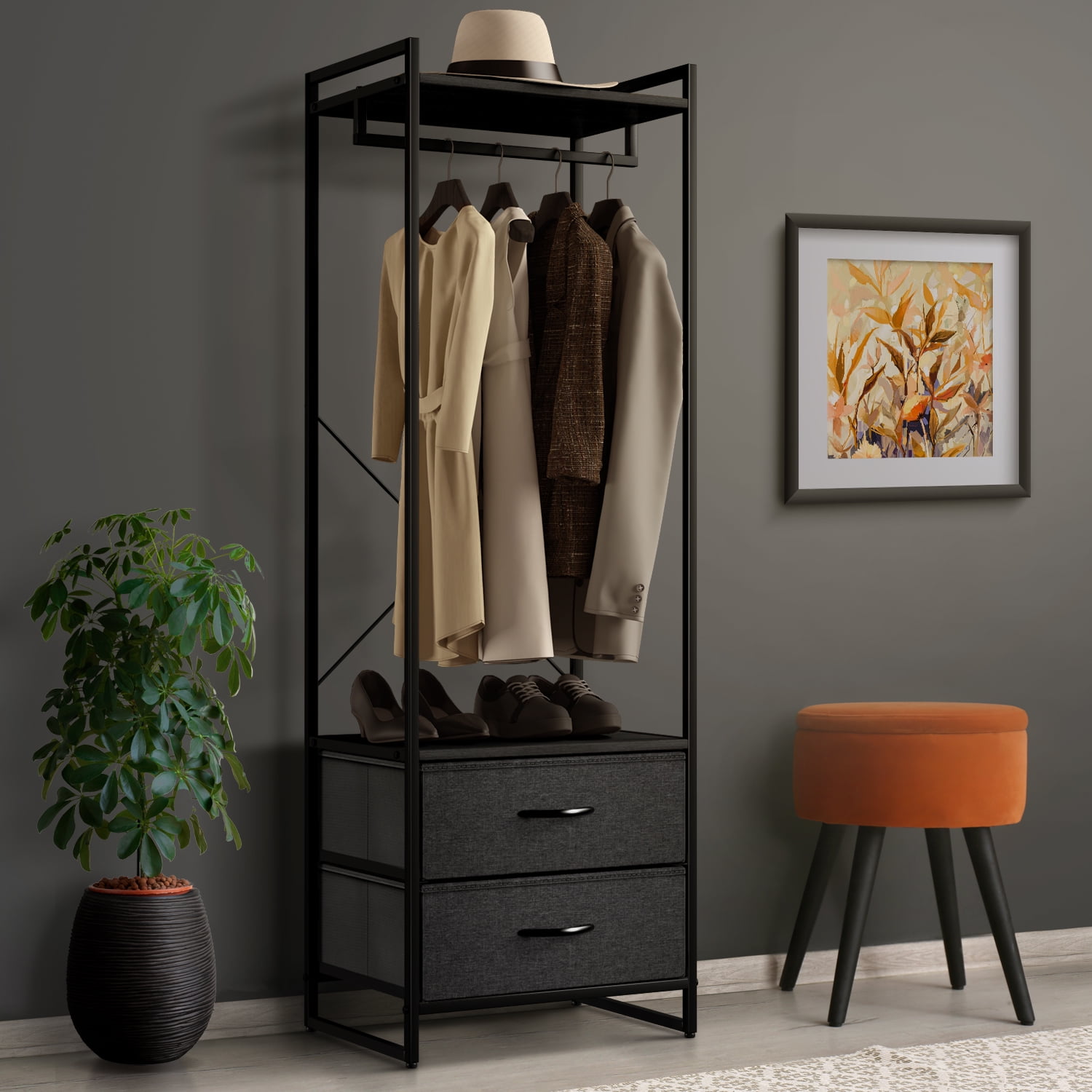 Sorbus Clothing Rack with 2 Drawers, Wood Top, Steel Frame, Black
