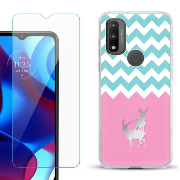 Slim-Fit Gel TPU Phone Case for Motorola Moto G Pure, with Tempered Glass Screen Protector, by OneToughShield ® - Chevron/Teal/Deer