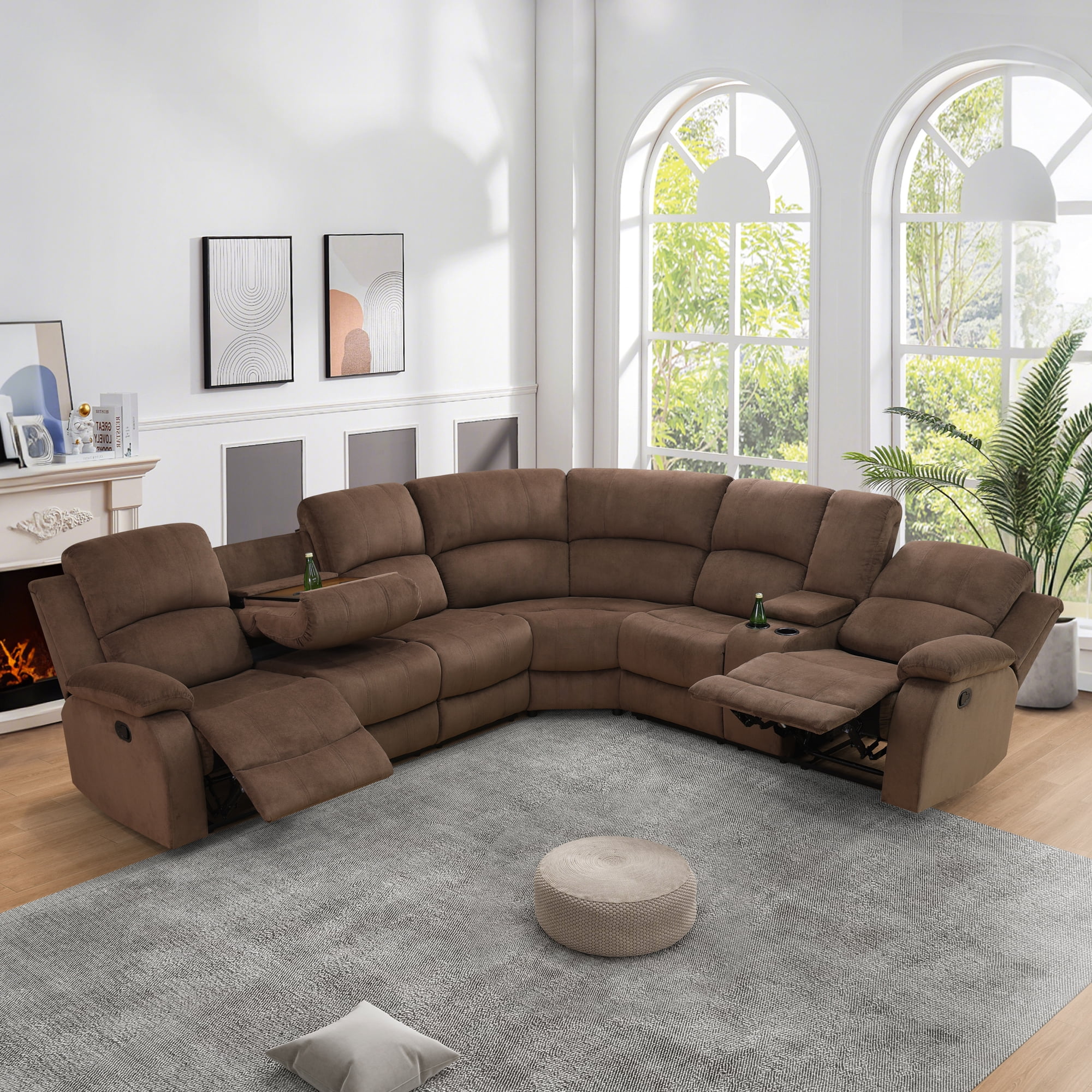 Gewnee Oversized Flannel Fabric Manual Reclining Sectional Sofa with 1-Seat Sofa,Cup Holders for Living Room