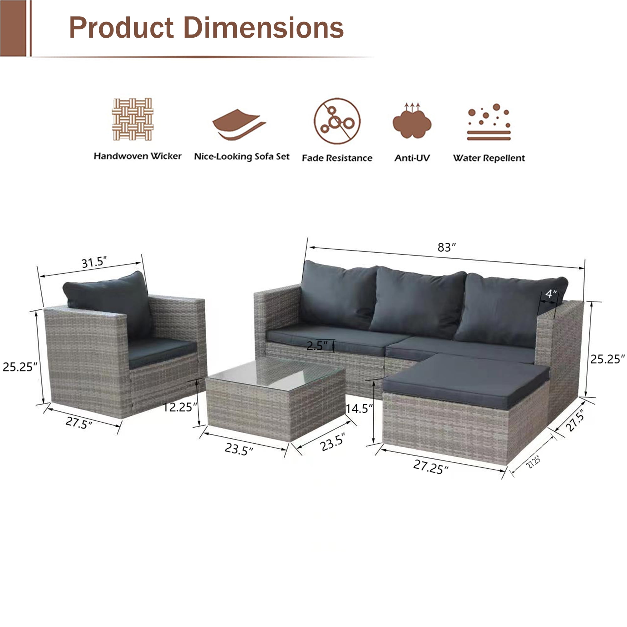 4 Pieces Patio Furniture Sectional Set, Outdoor All-Weather Wicker Conversation Set with 3-Seater Sofa & Table, Rattan Sectional Sofa Set, Backyard Porch Balcony Use Furniture Set, K2813