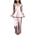 thumbnail image 4 of Mrat 2 Piece Trendy Sweatsuit Satin Pajama Set Long Sleeve V-Neck Shirt with Long Pajama Pant Set Soft Loungewear Outfits S-44 Pink-A XL, 4 of 7