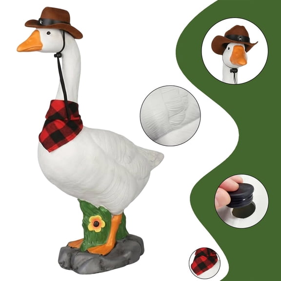 Fuebueo Large 14 Inch Porch Goose Statue with Cowboy Hat and Bandana, Western Style White Goose Garden Figurine, Outdoor Lawn and Patio Decorative Sculpture