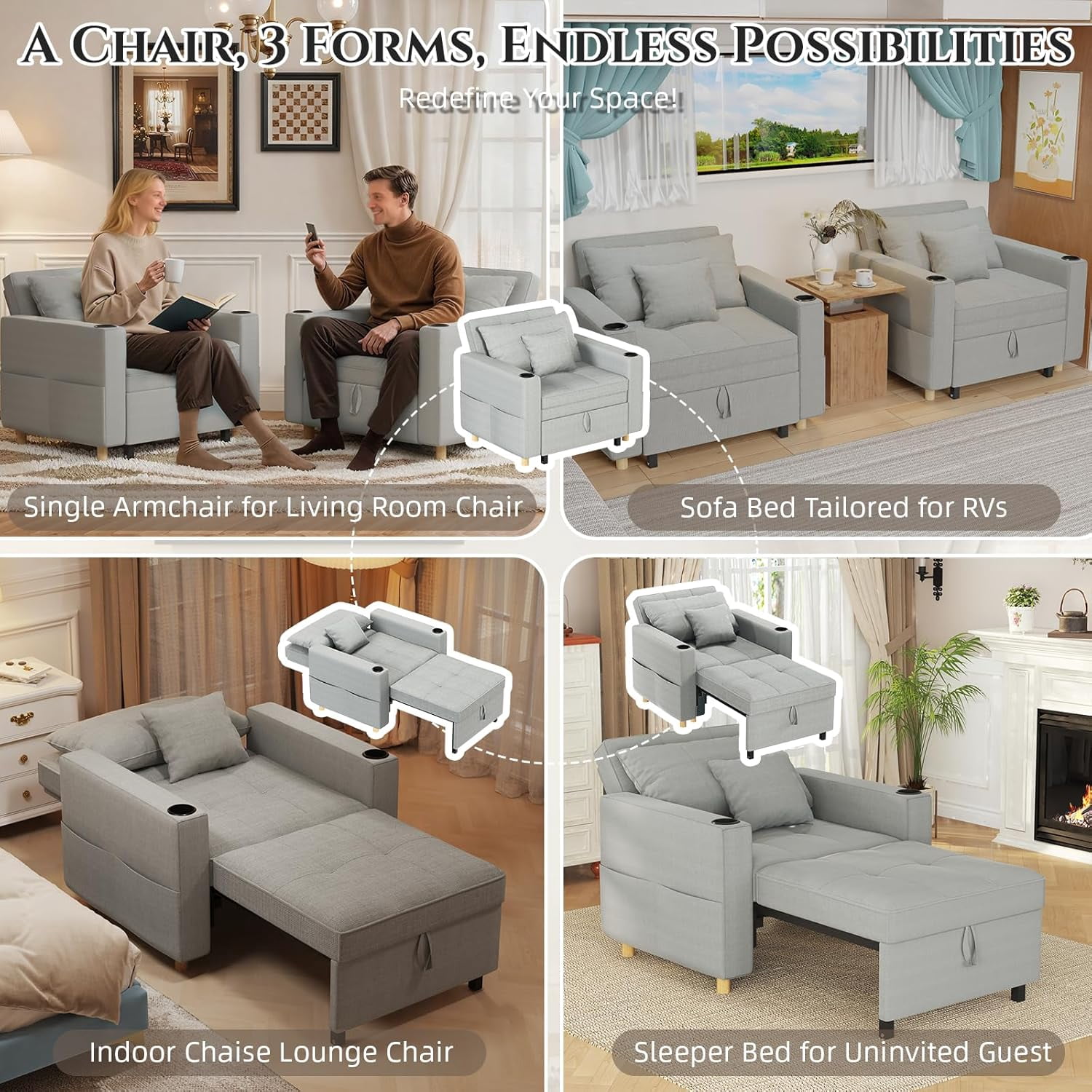 AECOJOY Sofa Bed, 38" Extra-Wide 3-in-1 Convertible Pull-Out Single Sofa with Adjustable Backrest and Cup Holder, Light Grey