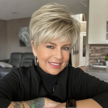 PHOCAS Short Blonde Wigs for Women Highlight Layered Pixie Cut Wig with Bangs