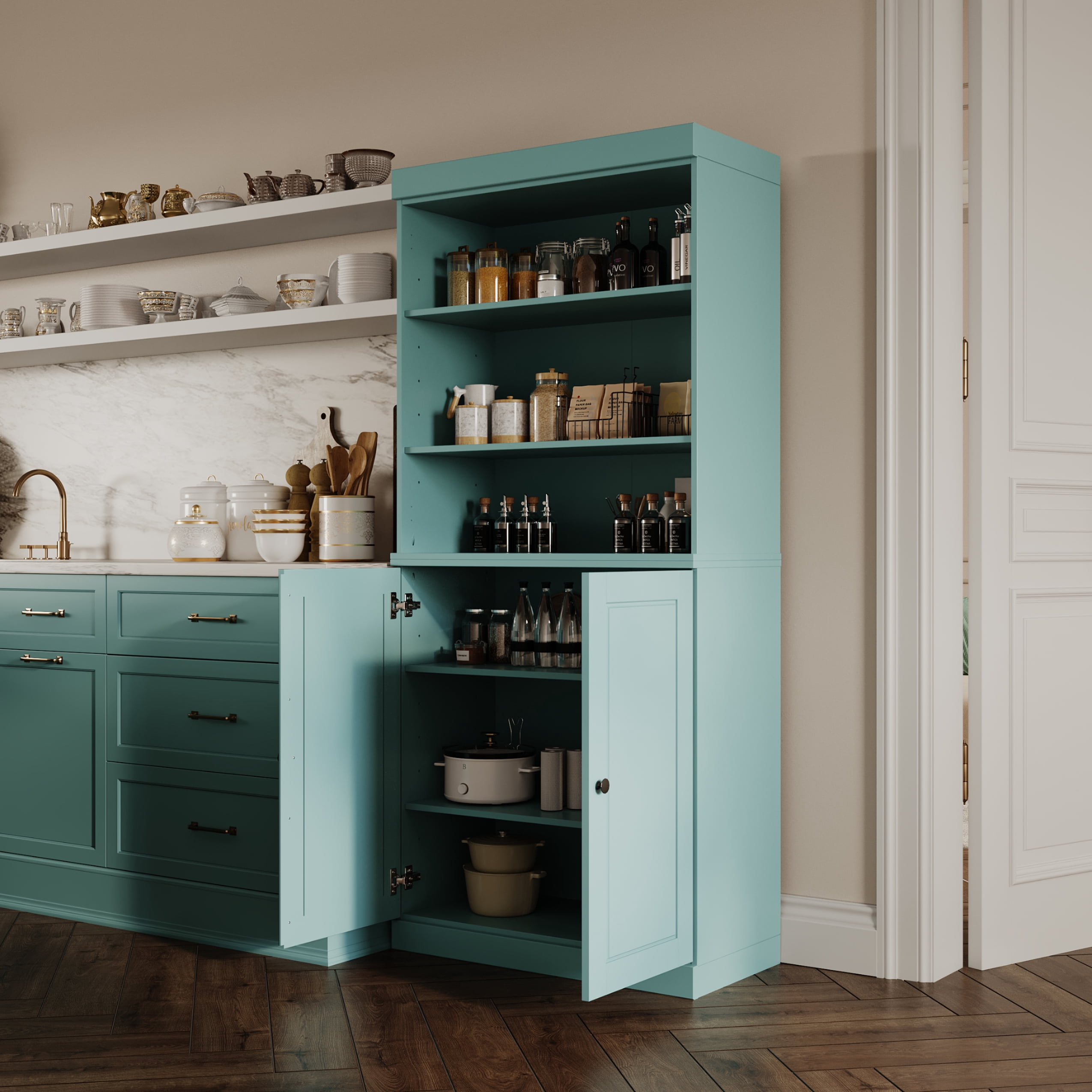 Palace Imports 100% Solid Wood 32" Pantry Cabinet, Solid Wood Doors, Aqua Blue