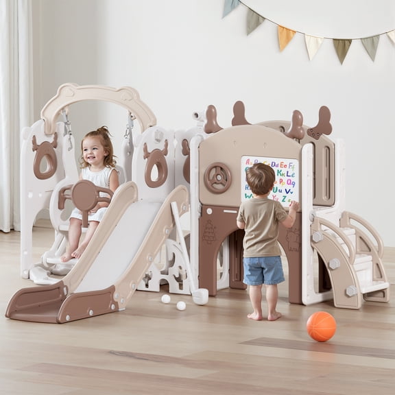 12 In1 Elk Toddler Slide, Kids Indoor Slide For Toddlers ,baby Slide For Indoor Outdoor With Basketball Hoop And Telescope, L Shaped Slide For Kids Toddler Slide Playset