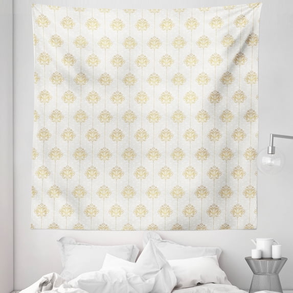 Vintage Tapestry, Ornamental Tracery Inspired Swirl Curl Elements Vertical Borders with Dots, Fabric Wall Hanging Decor for Bedroom Living Room Dorm, 5 Sizes, Earth Yellow White, by Ambesonne