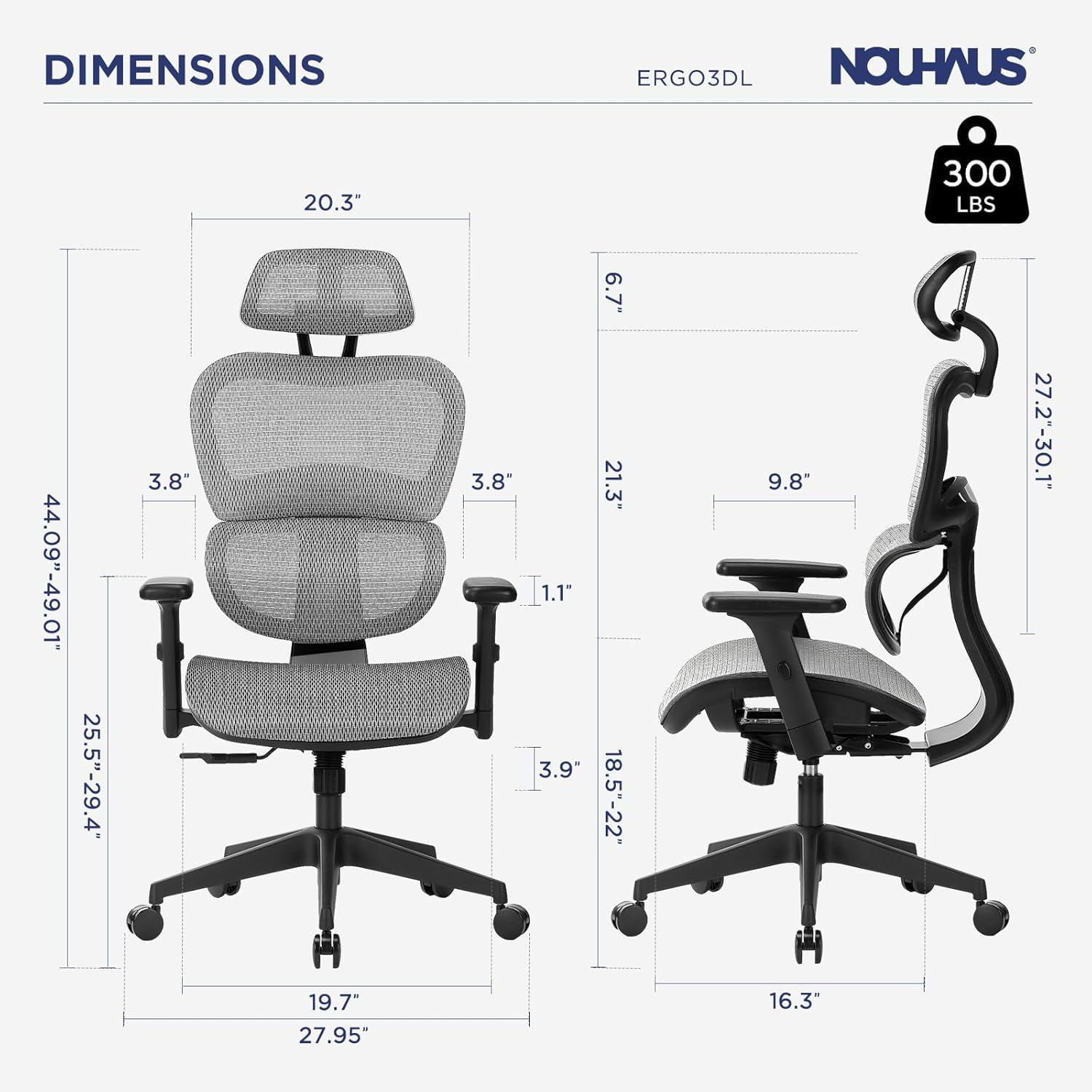 NOUHAUS Ergo3DL Ergonomic High-Back Mesh Office Chair with Adjustable Headrest, Lumbar Support, and Armrests, Gray