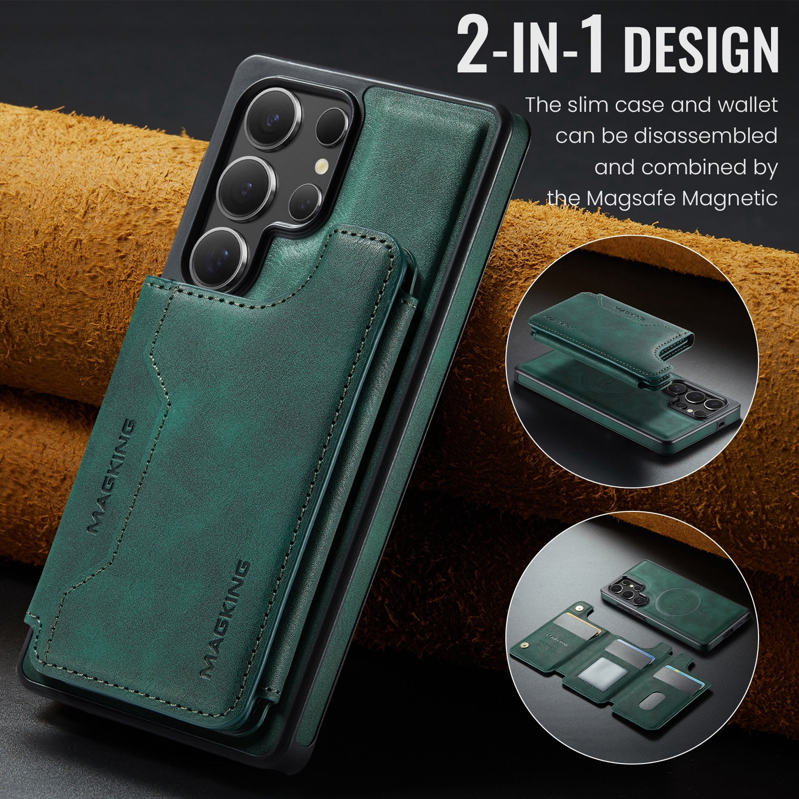 Designed for Samsung Galaxy S24 Ultra Wallet Phone Case,Magnetic Detachable Flip Card Holder,Back Flip Kickstand,Compatible with Mag-Safe,2-in-1 PU Leather Heavy Duty Shockproof Phone Case,Green
