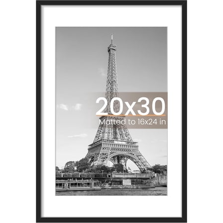 20x30 Poster Frame, Display Pictures 16x24 with Mat or 20 x 30 Without, Wall Hanging Picture Frames, Black, 1 Pack