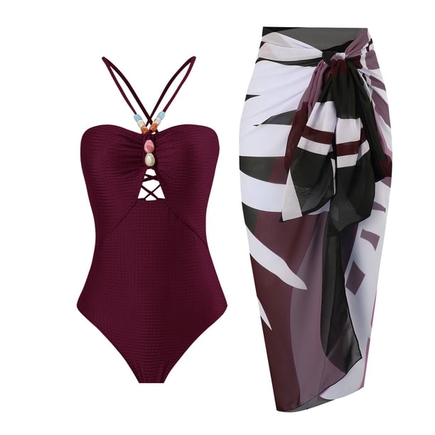 MKLEKYY Trajes De Baño Mujer Short Women 1 Piece Swimwear+1 Piece Cover Up Two Piece Vintage Print Swimsuit Monokini Bikini 2 Piece Swimsuits Two Piece Tankini Set 1041