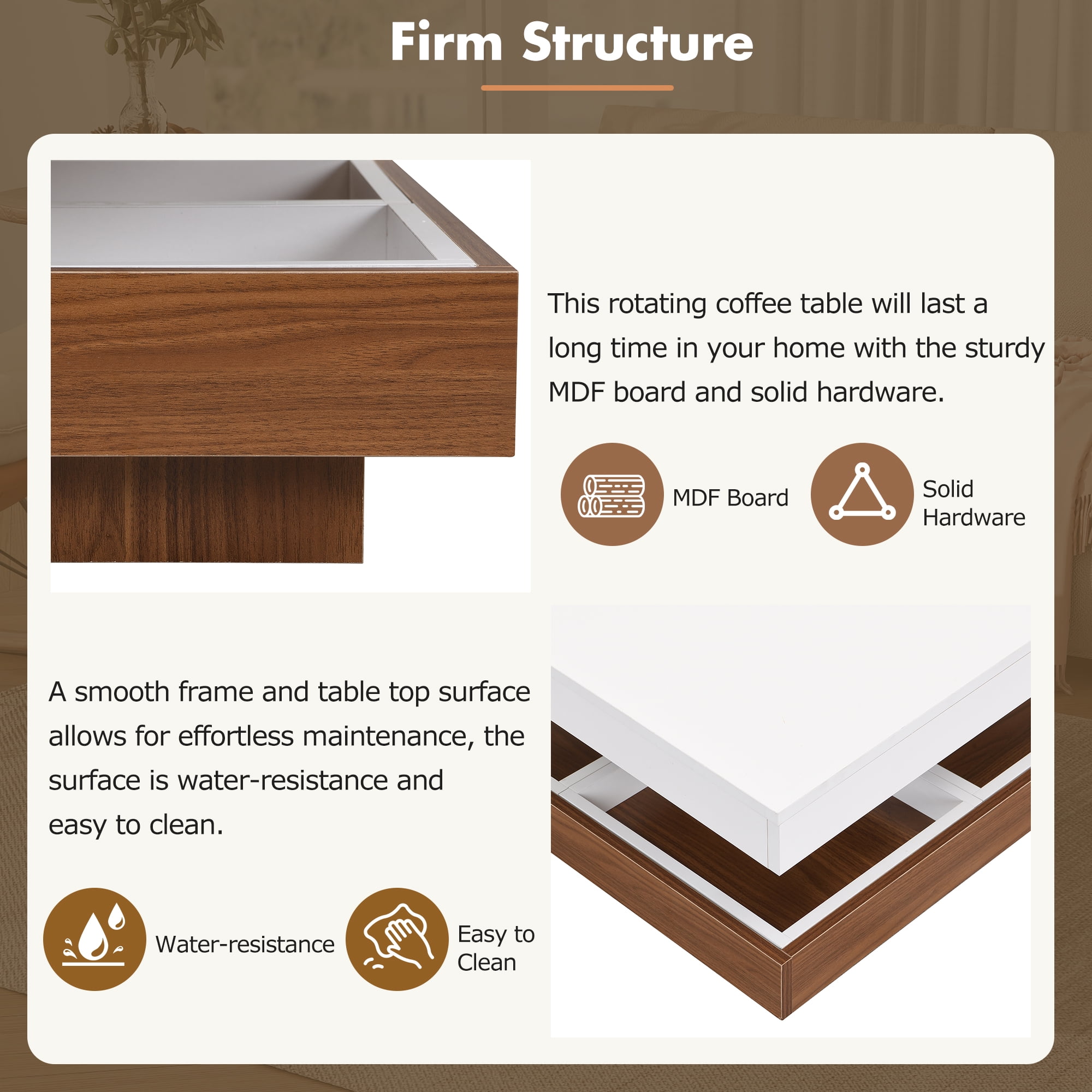 MAYEERTY Modern Square 360° Rotating Coffee Table with Three Detachable Trays, 2-Tier Farmhouse Wood Center Table with Storage for Living Room, White, 27.5*27.5in