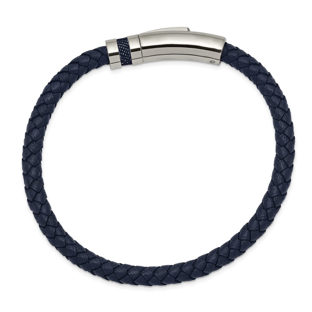 Diamond2Deal Stainless Steel Polished Blue Braided Leather Bracelet for Men 8.25"
