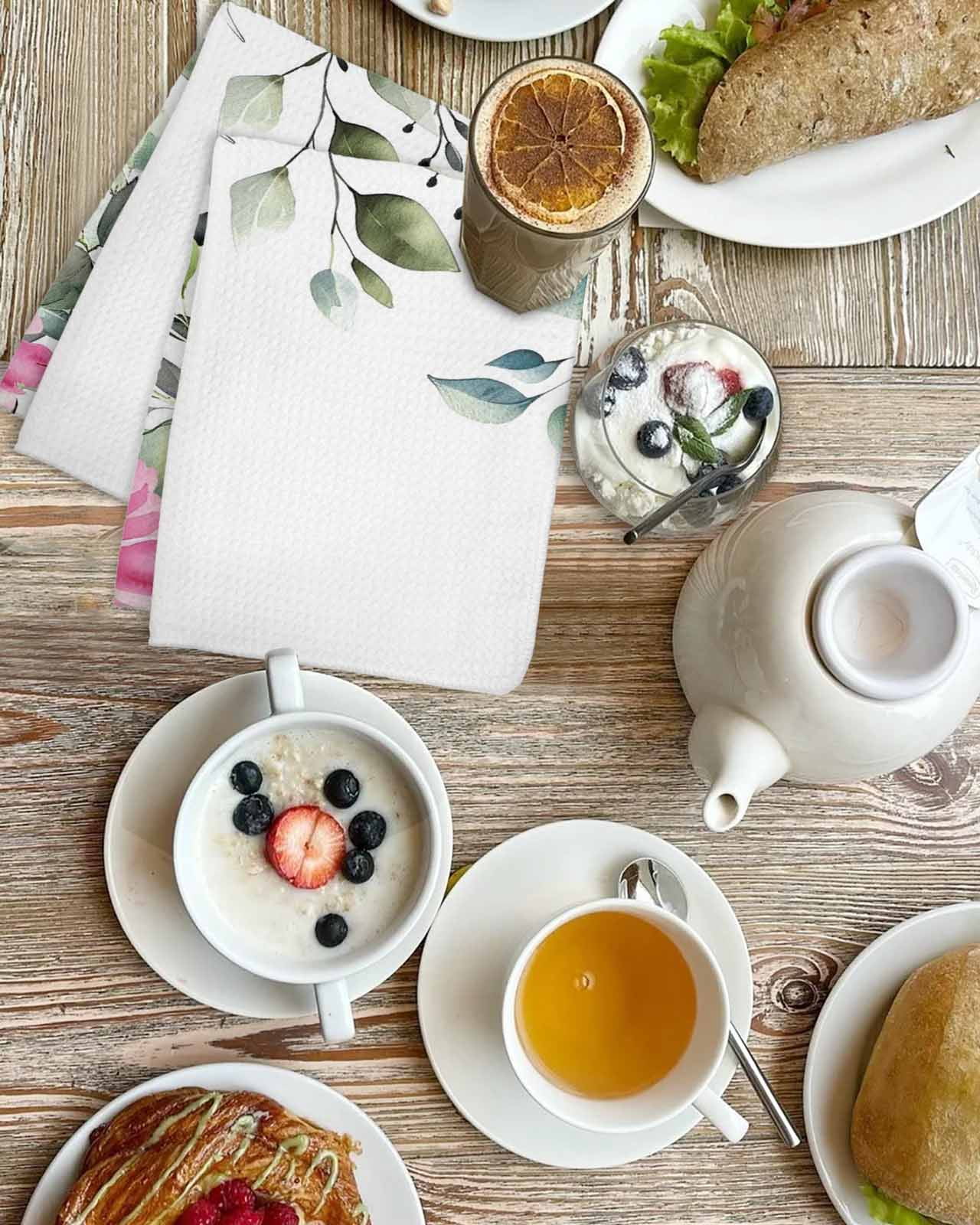 Eucalyptus Flower Hand Towels Set,Waffle Weave Kitchen Towels 4 Pieces,Sage Green Botanical Boho Leaf Pink Microfiber Hair Face Bath Tea Towel Absorbent Quick Drying Cleaning Dish Cloths,15.7"x23.6"