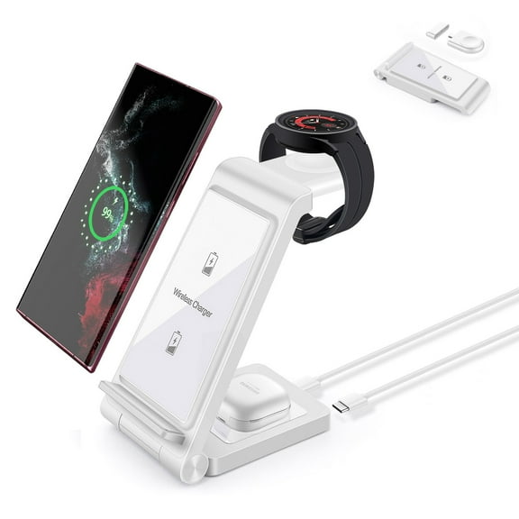 FDGAO 3 in 1 Wireless Charger, 15W Wireless Charging Stand Station Foldable Fast Compatible with Samsung Galaxy /Note, Galaxy Watch5/4/3,Active 2/1, Galaxy Buds (White- for Samsung)