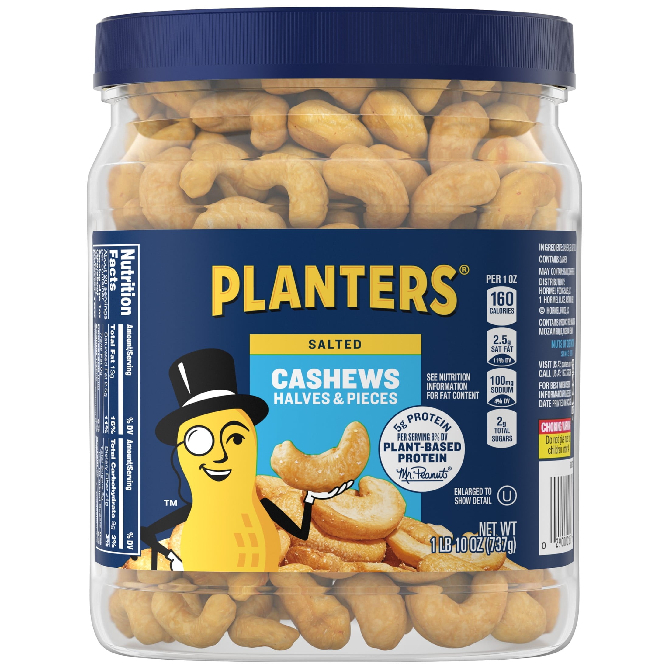 (2 pack) PLANTERS Salted Cashew Halves and Pieces, Party Snacks, Plant-Based Protein, 26 oz Canister