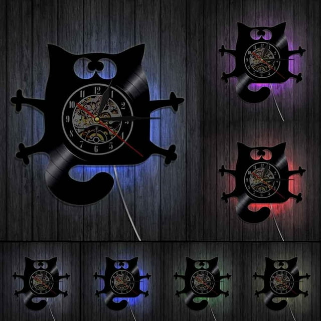 Cat Meow Wall Clock Funny Black Cat Home Decor Modern Vinyl Record Wall Clock Kitten Decorative Clock Gift For Kitty Cat Lovers