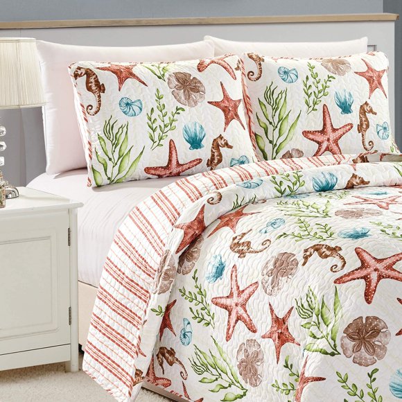 great Bay Home 2-Piece Twin Reversible Lightweight Nautical Quilt comforter with 1 Sham All-Season, coral, Beach Bedspreads coastal coverlet Sets castaway Quilts collection