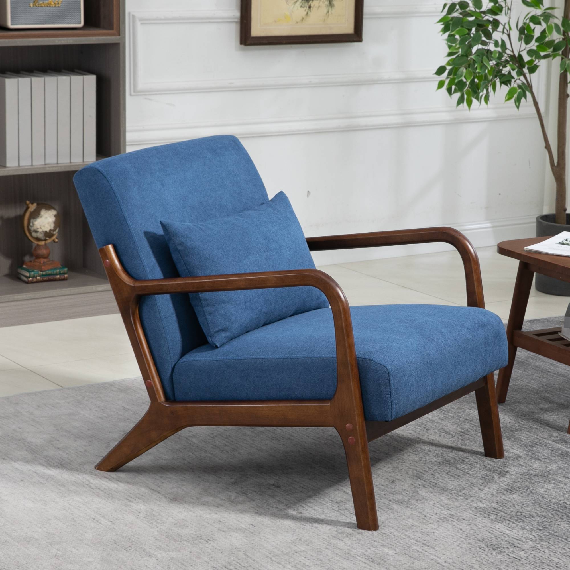 Mid-Century Modern Accent Chair with Pillow Velvet Lounge Arm Chair Comfy Reading Chair with Solid Wood Frame for Living Room, Bedroom, Blue