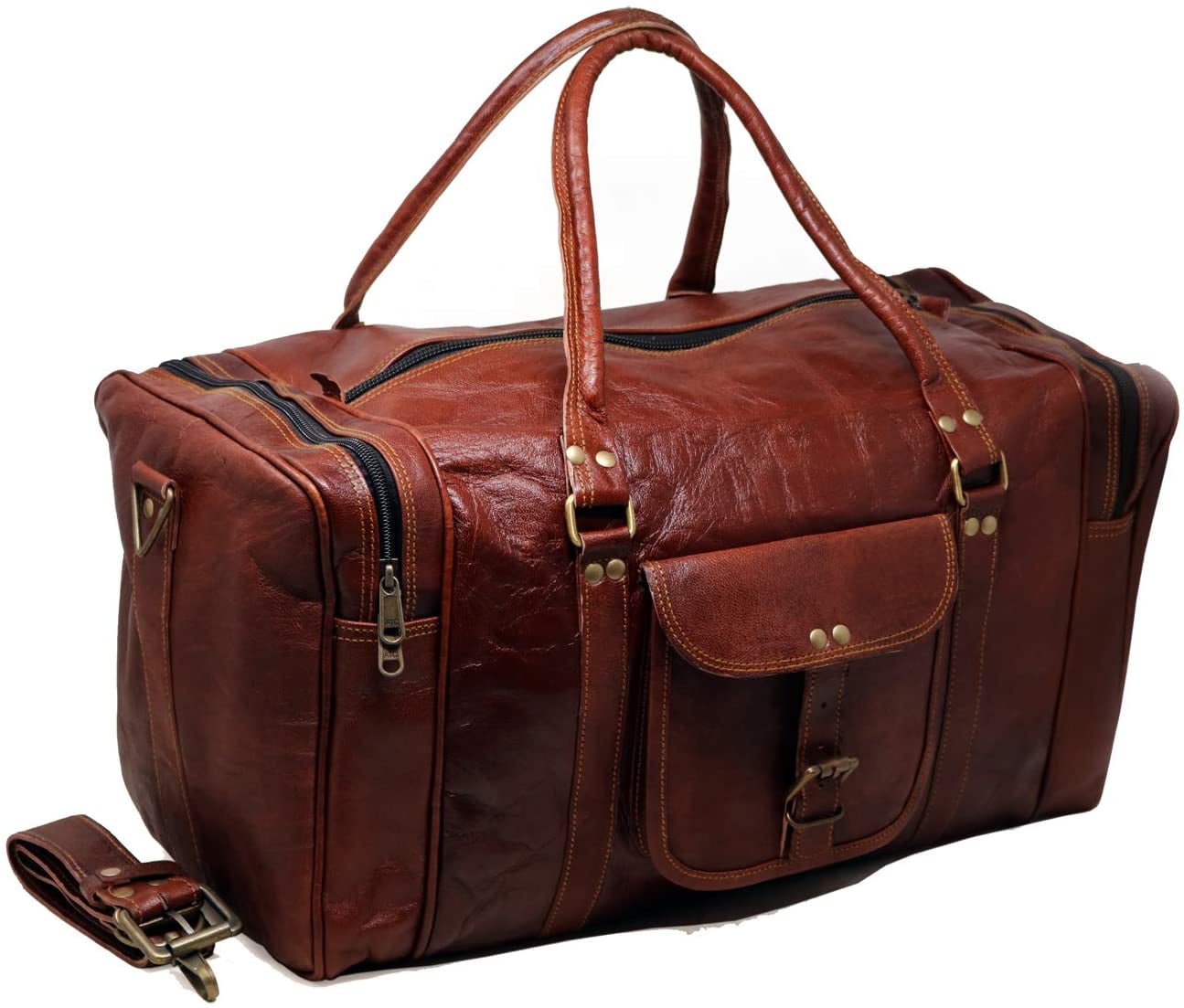 Jaald 18" Leather Duffle Bag Holdall Luggage Carry On Overnight Travel Sports Gym Weekender Bag Adventure Gear for Men Women Gift Ideas
