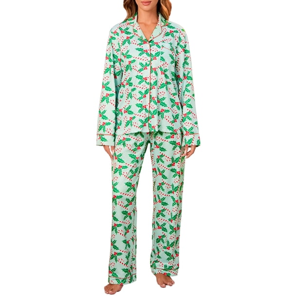 Pijama navideño para mujer Tsseiatte, con estampado de bastones de caramelo, manga larga, botones, pantalones, ropa de dormir