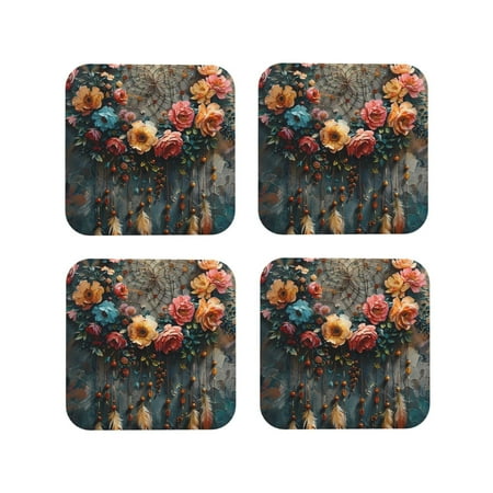 

KLL Drink Coasters Set Square of 4 PU Leather Absorbent Coasters Set Decorative Coffee Cup Coasters Housewarming Gift for Home Decor-Floral Dreamcatcher Elegance