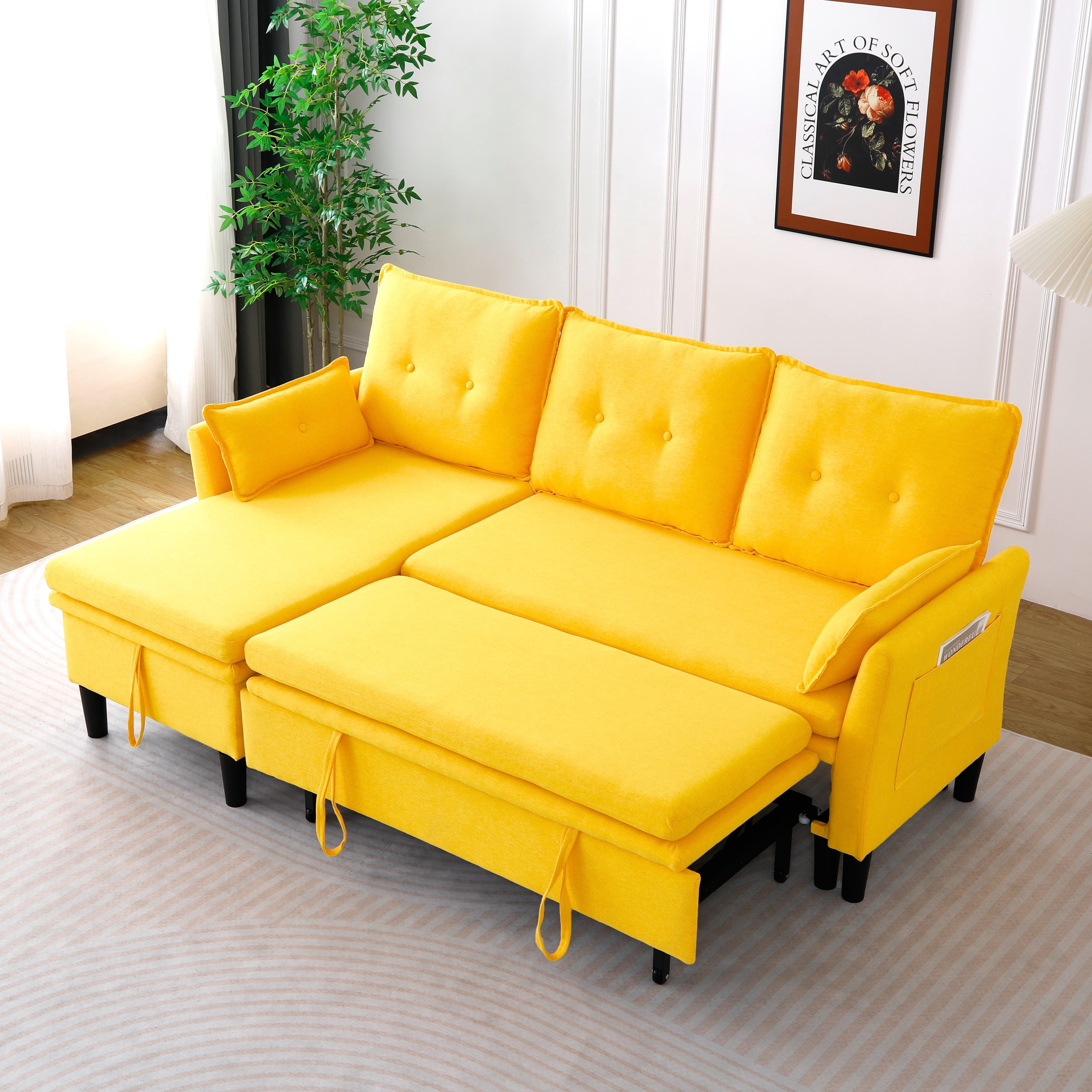 MAYEERTY L-Shaped Reversible Chaise Sectional Sofa Linen Sofa Bed with Storage, for Apartment, Yellow