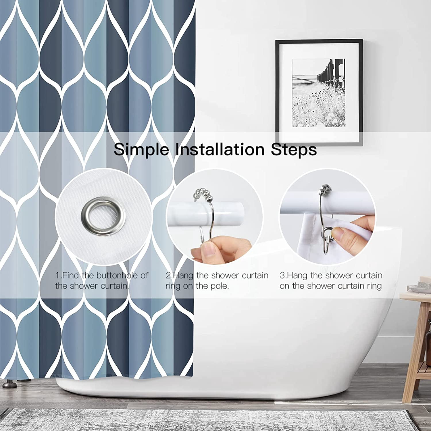 Aegean Blue Geometric Shower Curtain, Waterproof Design and Polyester, Quick-Drying, Weighted Hem, Blue Fabric Shower Curtains Set for Bathroom W 36 x H 72, Durable and Washable with 8 Hooks
