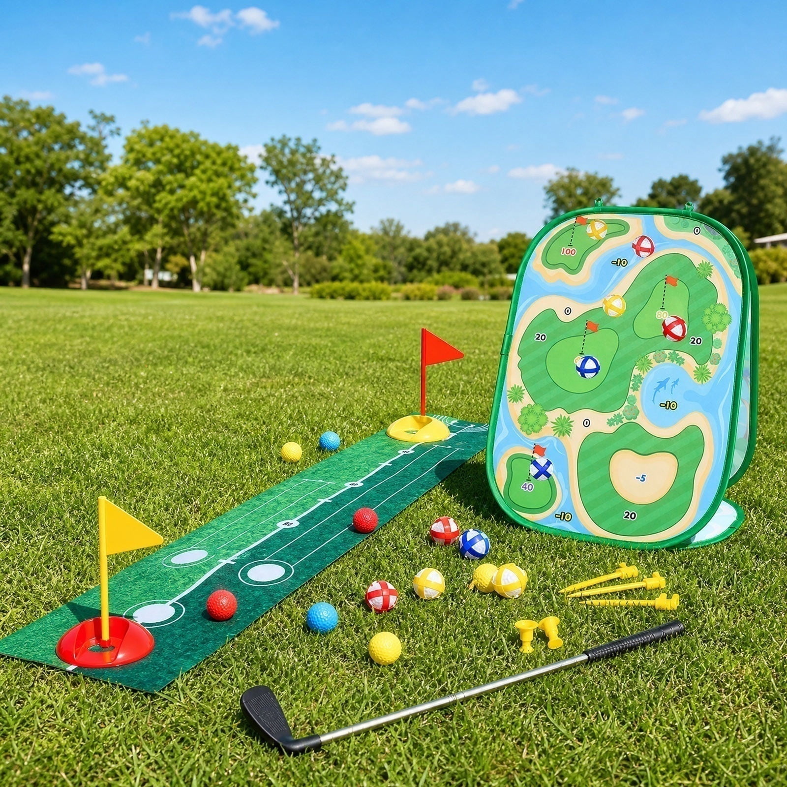 Backyard Golf Game Set, Velcro Golf Chipping Game, Golf Set for Student 4-8, Backyard Toys for Student Ages 4-8, Foldable 3-In-1 Cornhole Style Golf Toys Kit Complete with 1