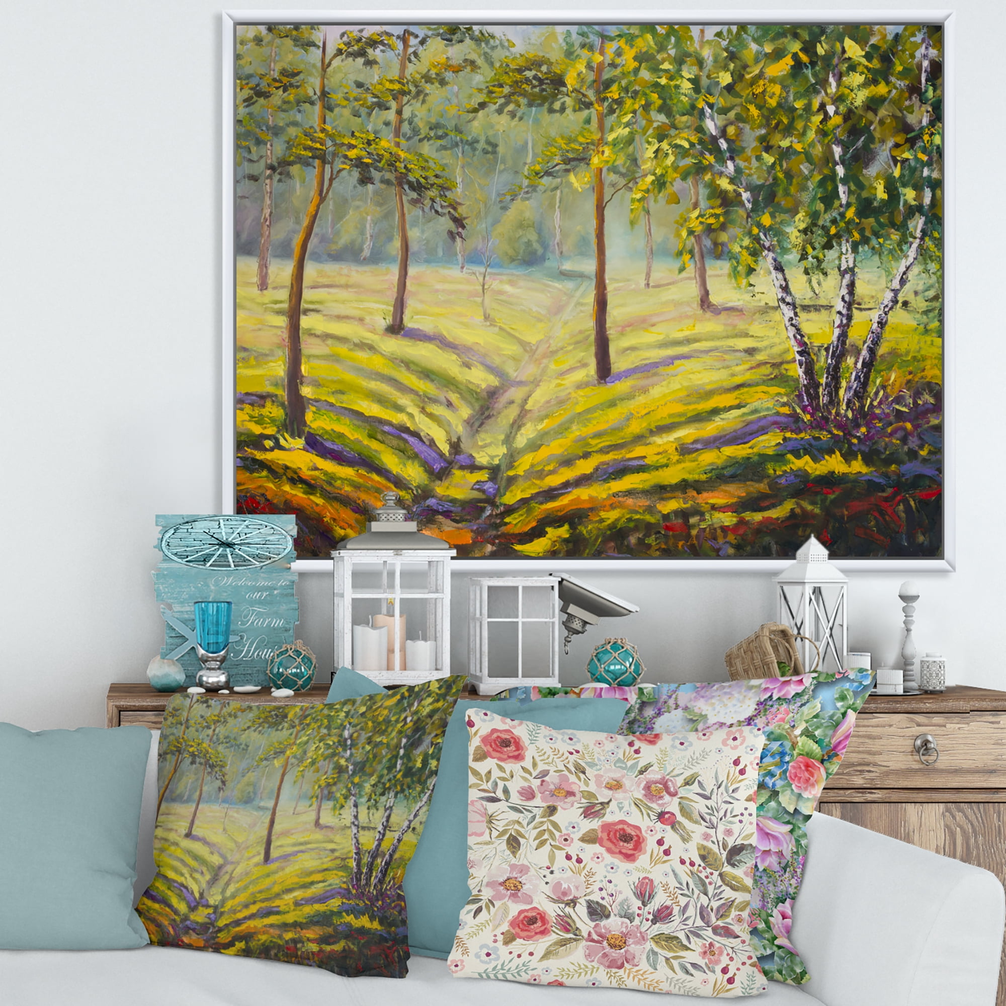 Designart 'Bushes and Pine Trees In The Forest II' Traditional Framed Canvas Wall Art Print