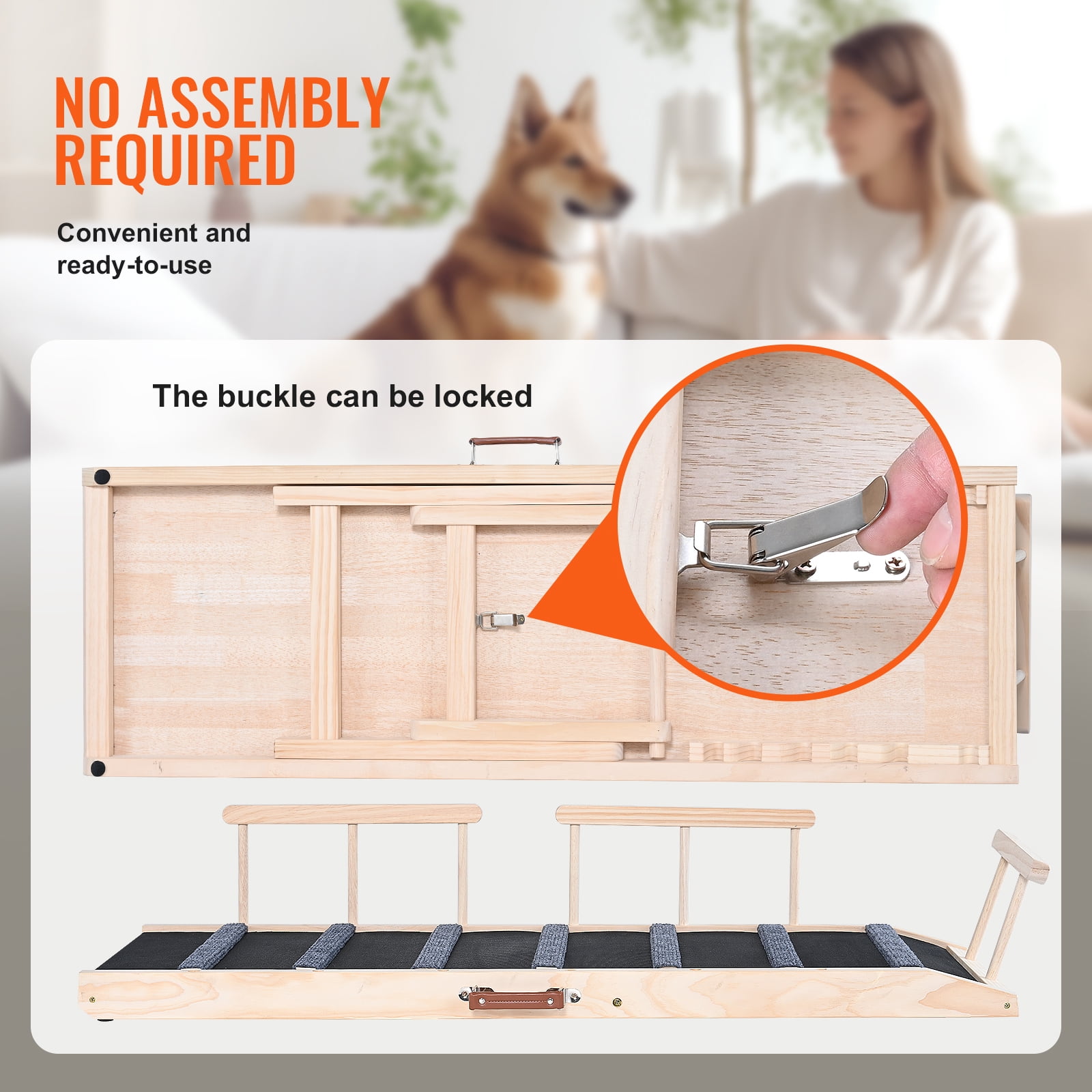 KFFKFF Pet Access Ramp, Foldable Ramp for Pets to Reach Beds, for Various Breeds & Ages, Durable Wood Construction, Extends 47.2", Height Adjusts 13.8"-27.6", Ideal for Furniture & Vehicles