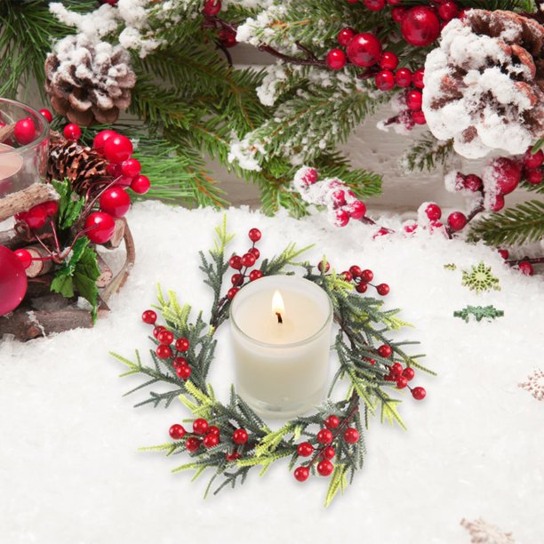 Anillos de vela navideños, bayas rojas artificiales, agujas de cedro, aros de vela de ajo para pilares, centro de mesa de boda, decoración de mesa navideña para puerta de entrada, círculo festivo de p