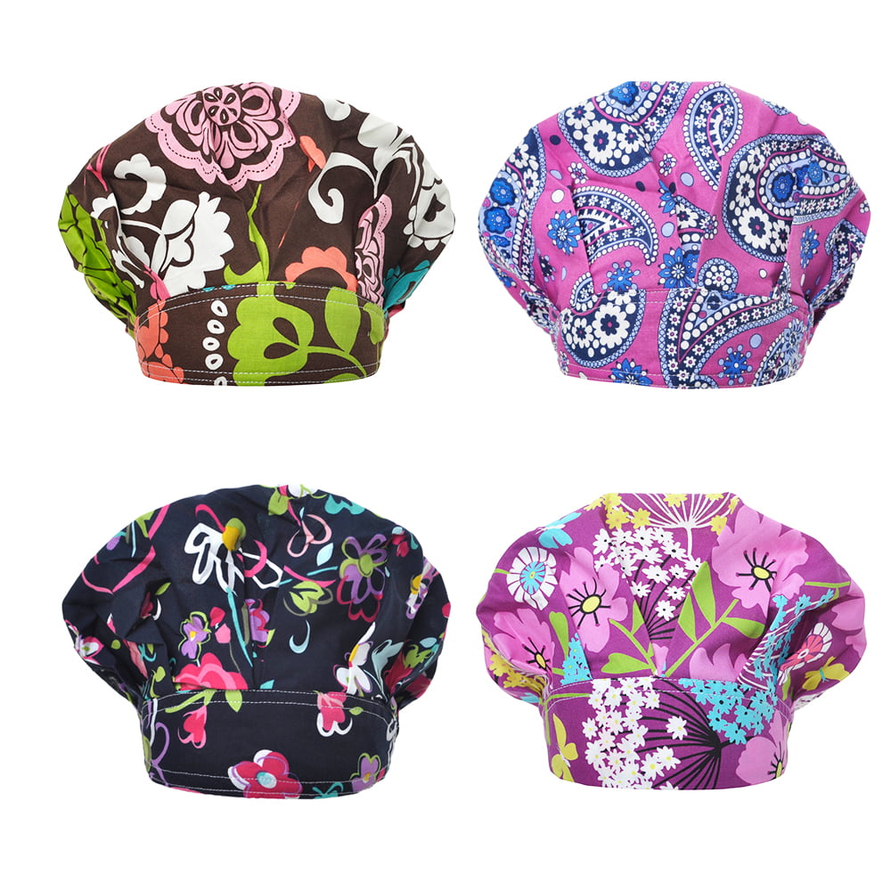 Opromo Bouffant Scrub Hat Sweat Bleach Friendly Banded Hat for Women Ponytail-Black Floral 