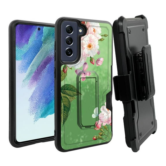 ANJ Rugged Dual Layer Hybrid Holster Kickstand Case w/ Card Slot Tempered Glass Cover for Samsung Galaxy S21 FE 5G - Summer Flowers