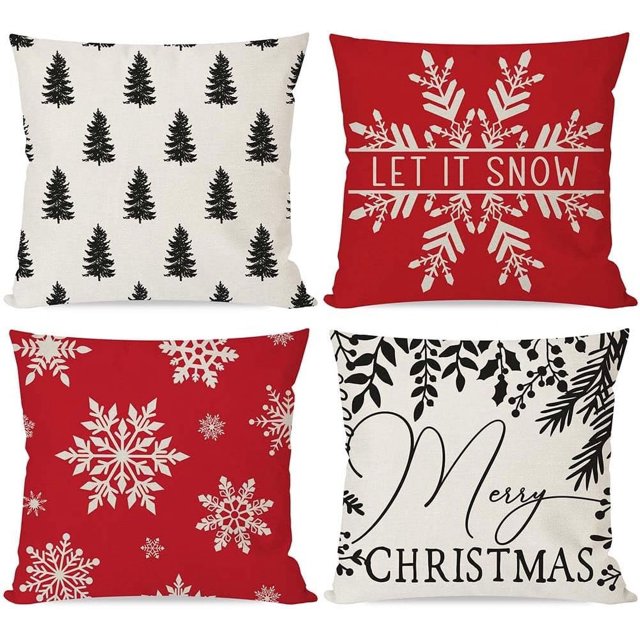 Christmas Pillow Covers 18x18 Set of 4 Winter Snowflake Let it Snow Christmas Tree Decorations Modern Farmhouse Christmas Pillows Decorative Throw Pillows Cases Holiday Decor for Couch