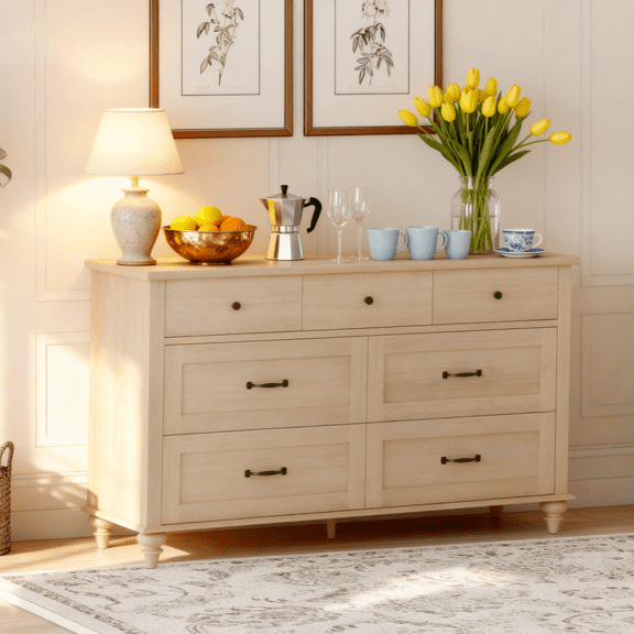 Farmhouse Dresser with 7 Drawers, Wooden Kids Dresser for Kids Room Living Room, Light Oak