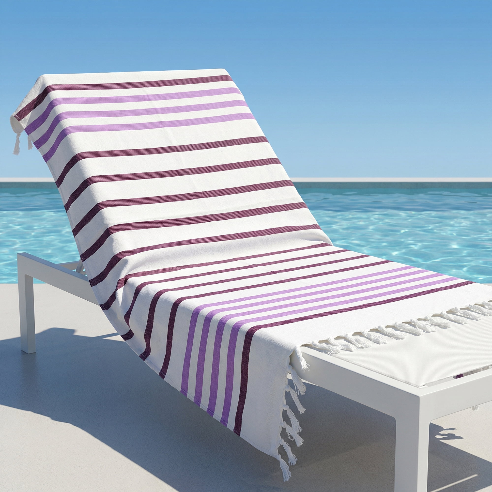 Unique Bargains 2 Pack Woven Turkish Striped Pattern Tassel Towels Purple/Rose Red 71"x40"