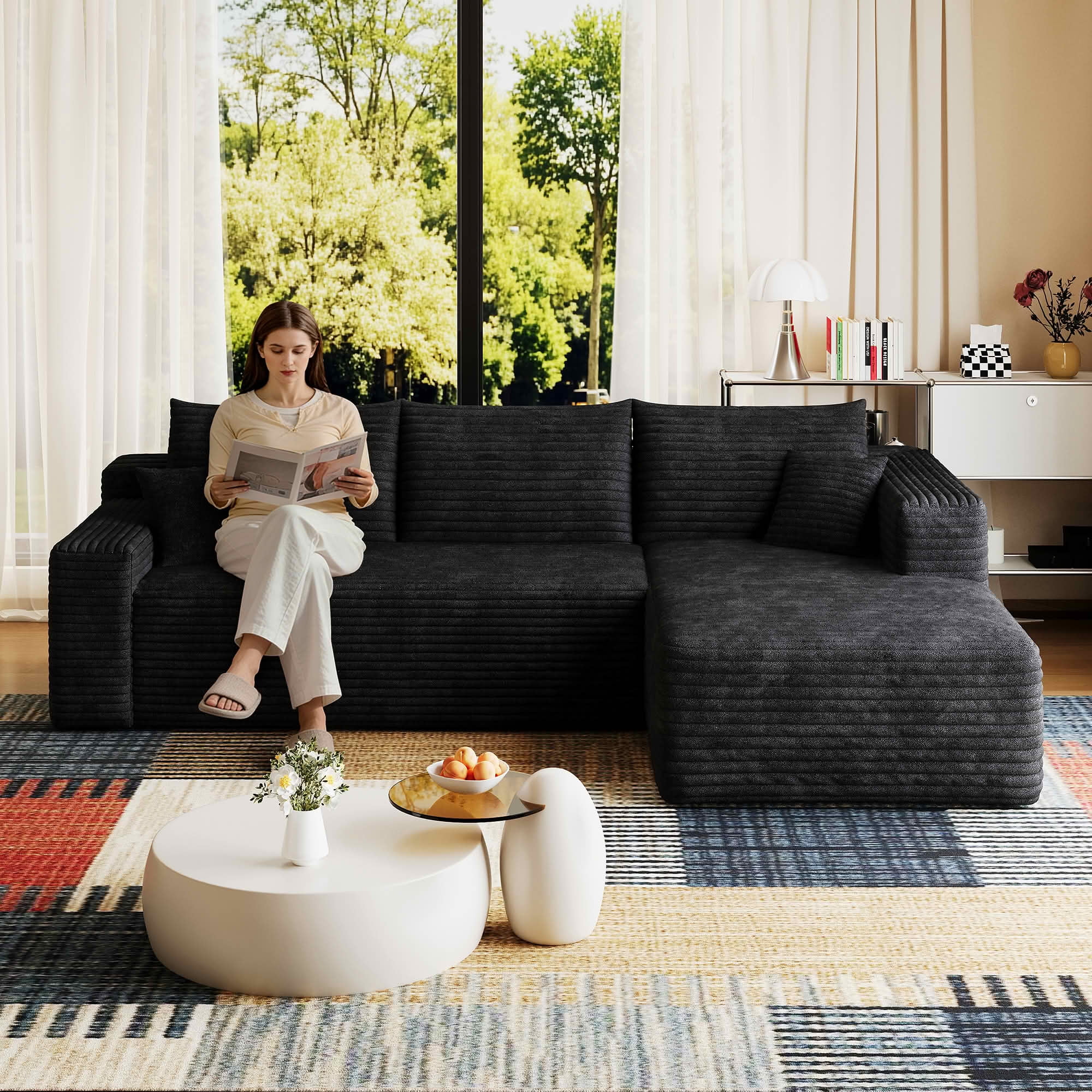 MAYEERTY 94-Inch Black Plush Corduroy 3-Seat U-Shaped Cloud Modular Sectional Sofa, Deep Seat Corner Couch No Assembly Required