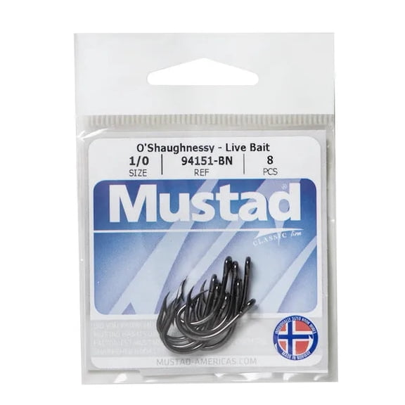 Mustad 94151 O'Shaughnessy Live Bait Hook, 3X Strong, Point Bent In Classic Hook - 50 Per Pack