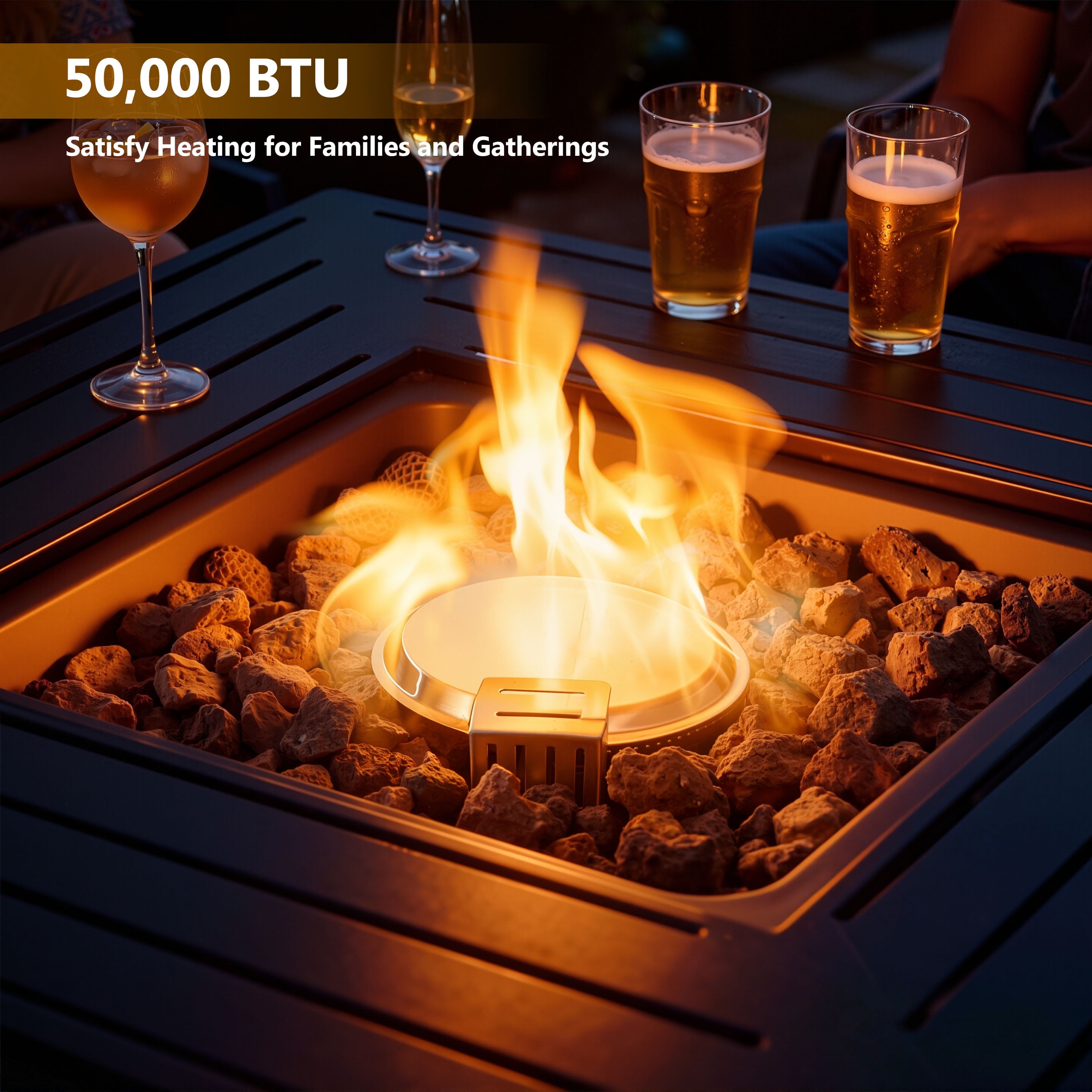 2-in-1 Propane Fire Pit Table, Outdoor Table with Fire Pit, 28 Inch 50,000 BTU Auto-Ignition Gas Fire Pit Table with Lid and Lava Rock, Square Fire Table for Yard Patio Garden