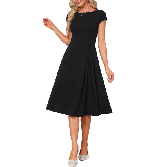 INSPIRE CHIC A-Line Dress for Women Boat Neck Cap Sleeve Pleated Vintage Cocktail Party Midi Dresses XS Black