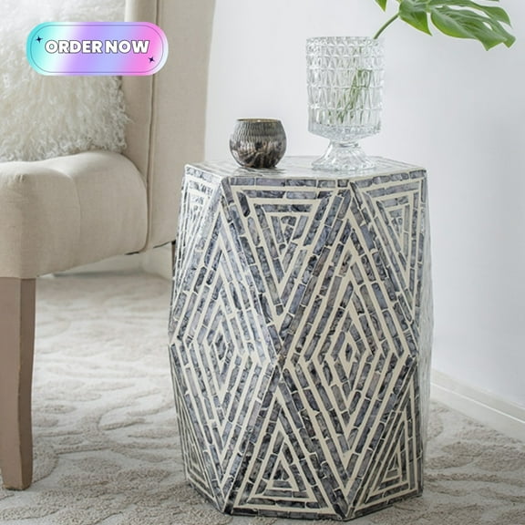 Tcbosik 16" Side Table, Unique Hexagon End Table, Night Stand for Small Space, Living Room, Bedroom, Black & White