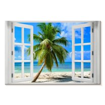 Elephant Stock Window To Holiday Beach Wall Art - Horizontal Canvas Wall Art - Living Room Wall Decor - Beach Canvas - Blue And White Decor - 51" x 34"